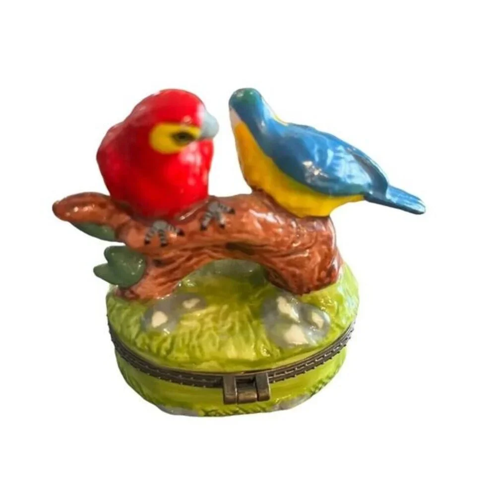 Vintage Trinket Box Green Perching‎ Parrots with Painted Branch